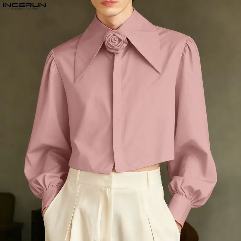 INCERUN Men Shirt Solid Color Flower Lapel Long Sleeve Crop Tops Men Streetwear Loose Korean Style Fashion Casual Male Shirts