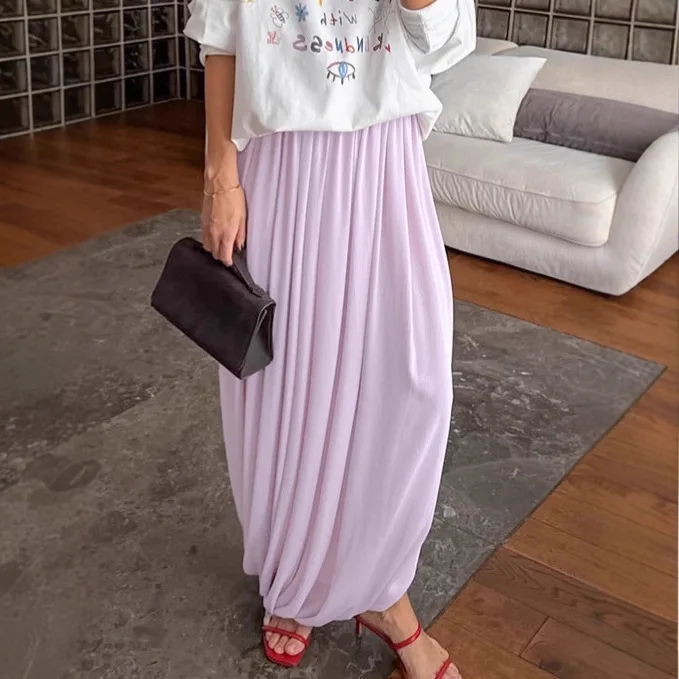 

Women's Atuumn Chiffon Puff Skirt Elastic Waist Draped High-Waisted Female's Midi Skirt Commuting Elegant Casual Skirt For Lady