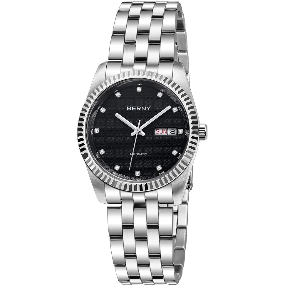 BERNY Mechanische Uhr für Damen, automatische Damenuhr, kleine Uhren, chinesischer Stil, Glück, Hochzeit, Saphir, komplett aus Edelstahl