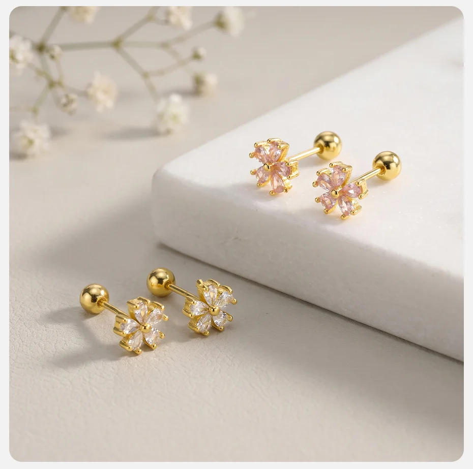 Vnox Süße Blumen-Ohrstecker mit Rosa Kubischem Zirkonia für Damen, Vergoldet, Glänzende Kristalle, Schraubverschluss, Piercing-Schmuck – Detail 5