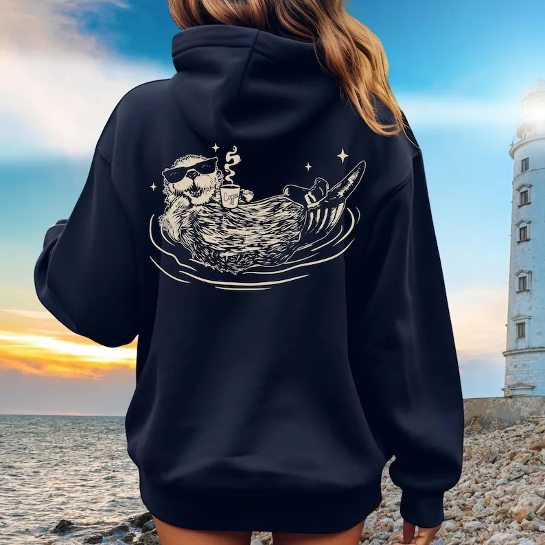 Funny Otter Hoodie Cute Sea Otter Animal Lover Gift Nature Themed Sweatshirt Kawaii Otter Lover Present Coffee Design Unisex