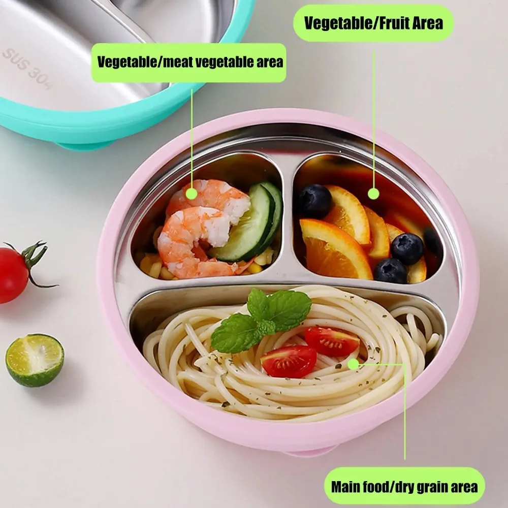 Silicone Suction Cup Baby Sucker Dining Plate Thermal Insulation 304 Stainless Steel 3 Grids Children Dishes Divided Design