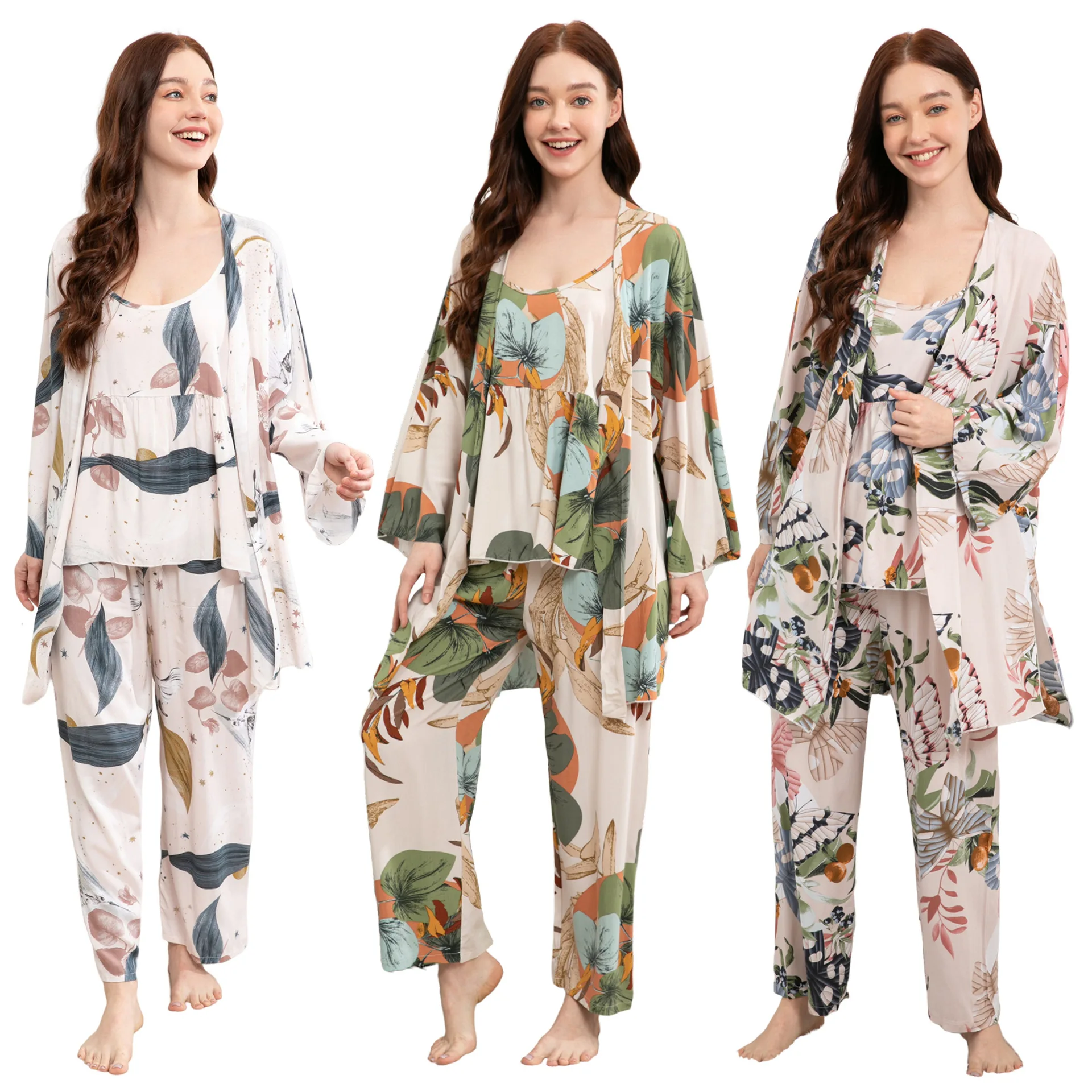 Cotton Viscose Ladies Three-piece Pajamas Set Women Spring and Autumn Comfortable Soft Home Suit Robes with Pants Pajamas Set