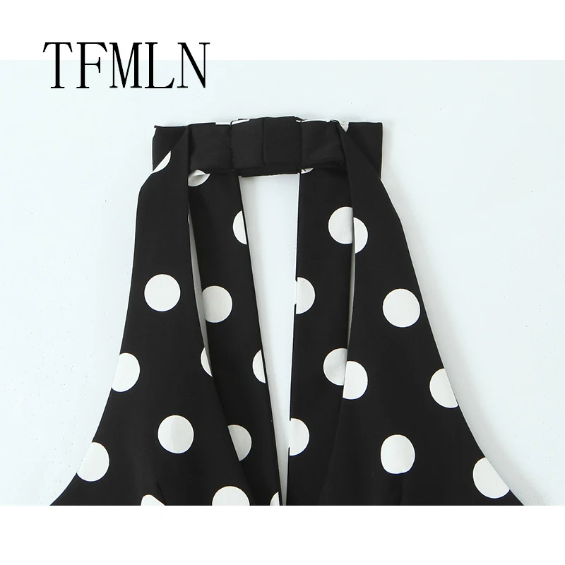 TFMLN فستان نسائي جديد بفيونكة هالتر فستان نسائي أنيق كبير منقط بدون أكمام فستان مثير قصير عالي الشارع