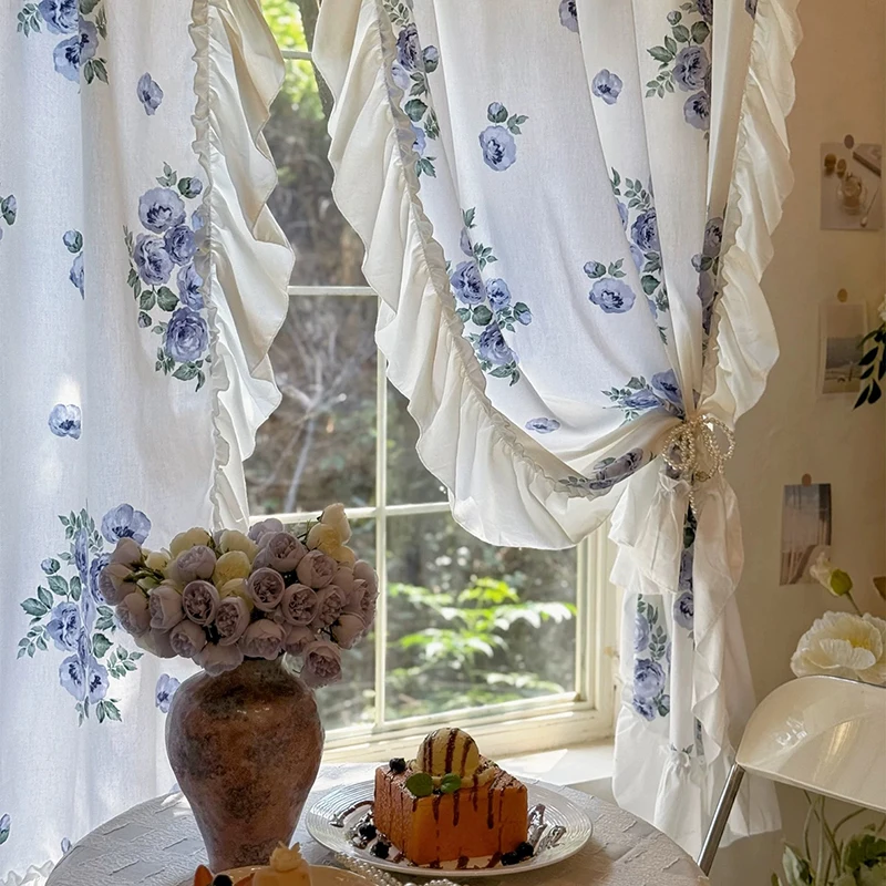 French Pastoral Style Blue and Purple Rose Pattern Curtains Cloth for Living Room Warp Ruffled Floral Curtains for Bedroom #A663