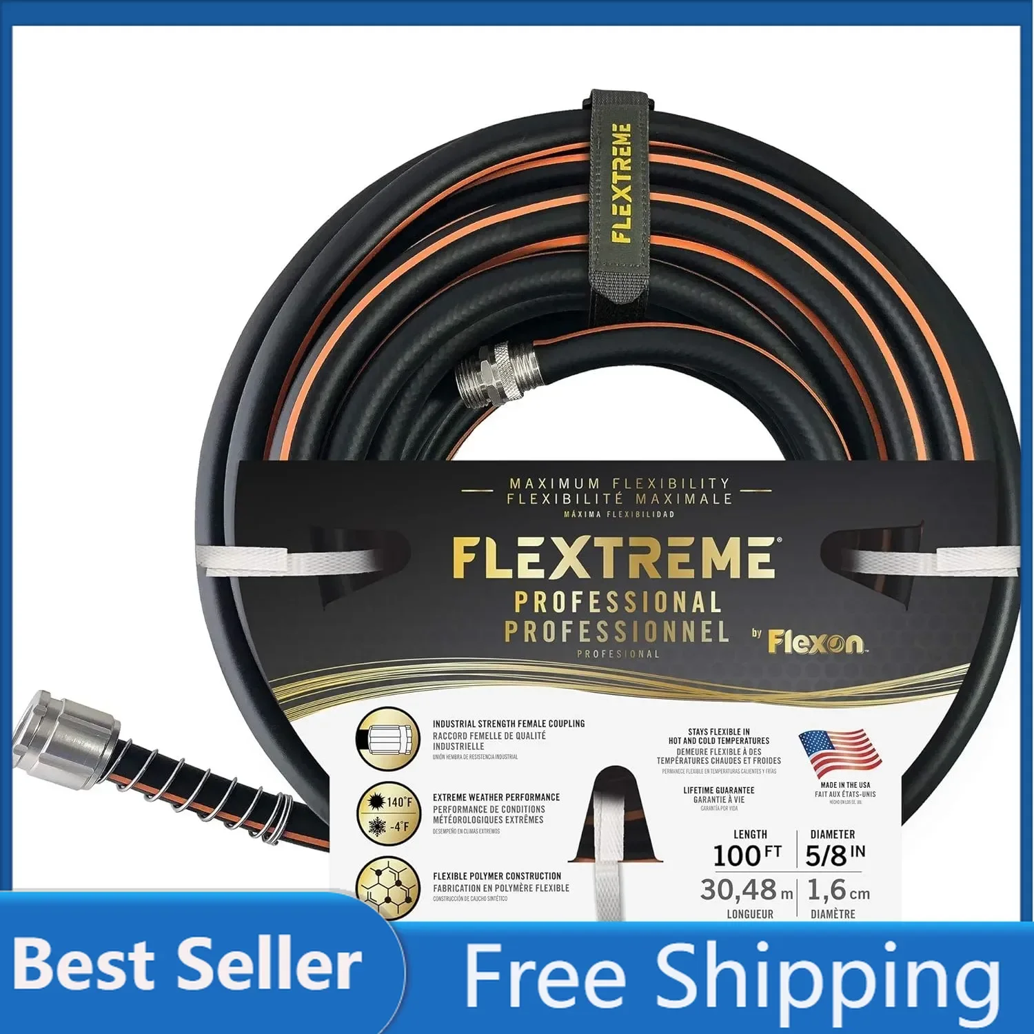 

Flexon FLXP58100CN Flextreme Pro Performance Rubber Garden Hose, 100 ft, Black