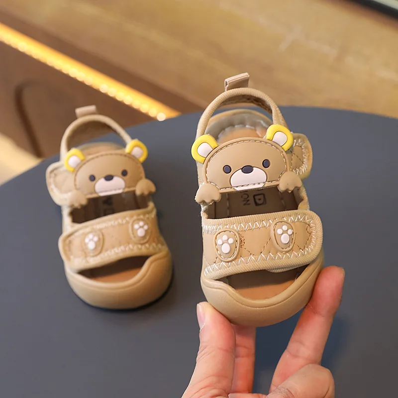 Summer Cartoon Bear Kids Casual Shoes PU Hook Loop Baby Boys Girls Sandals Non Slip Barefoot Soft Children Beach Sandals