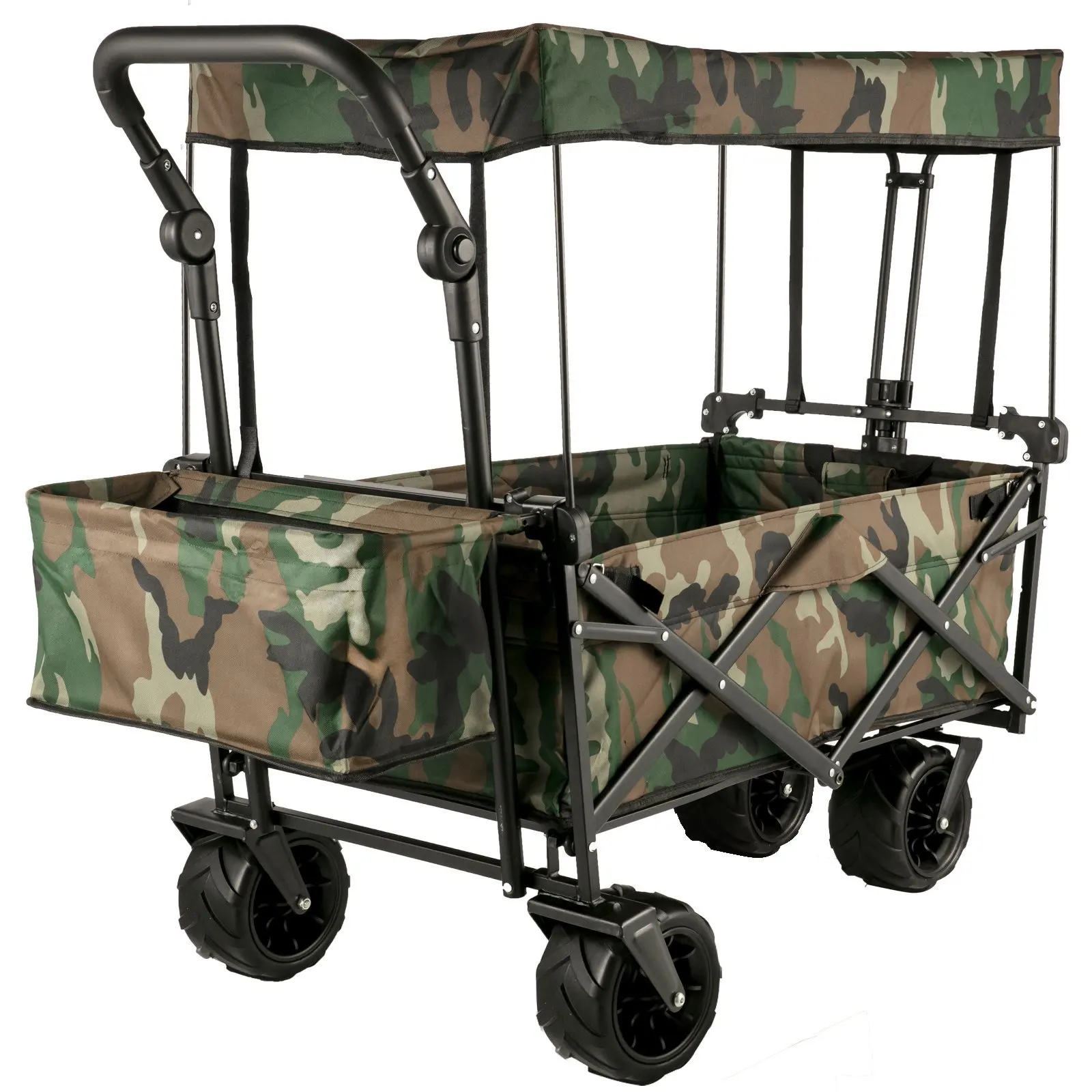 Carrello pieghevole pieghevole con tettuccio rimovibile, carrello pieghevole resistente, ATV per giardino, campeggio, carrello della spesa, Camo con ruote e portaoggetti posteriore