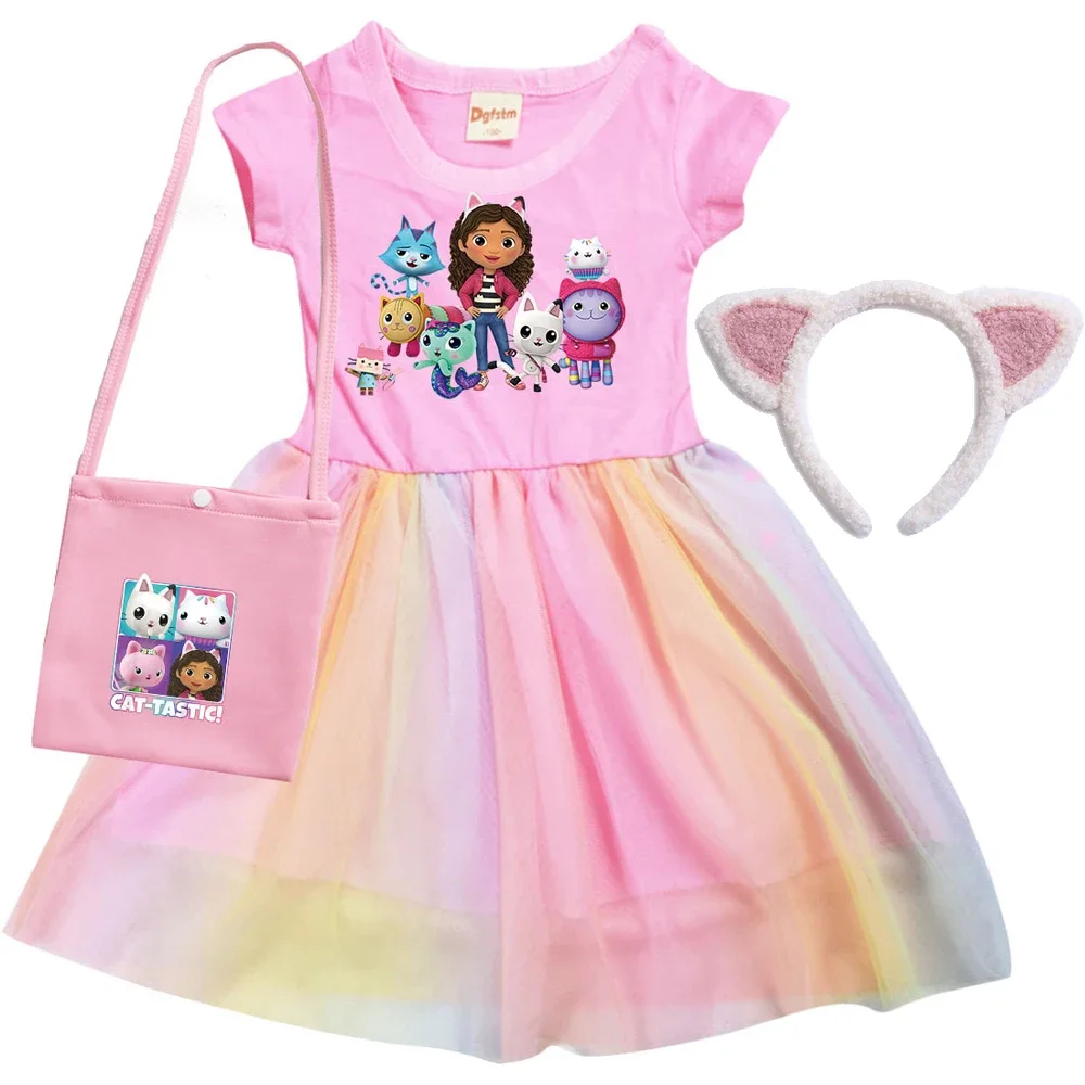 2024 Girls Summer Dresses Gabbys Dollhouse Girls Cat Tastic Costumes Kawaii Kids Birthday Party Princess Dress with Headwear Bag