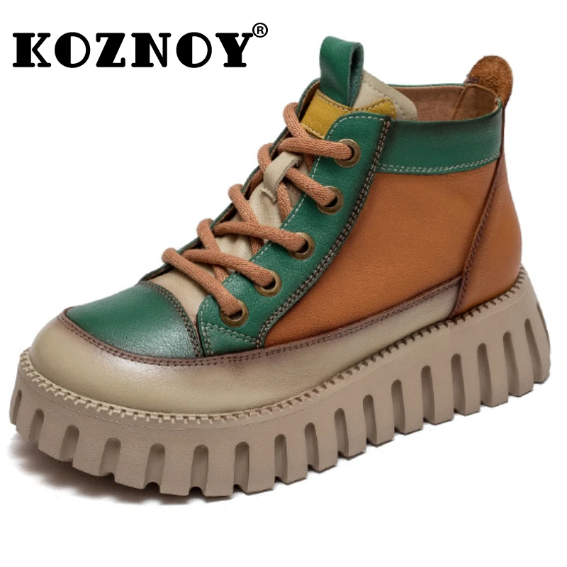 

Koznoy 5cm Genuine Leather Mixed Color Ankle Booties Platform Women Chunky Heel Motorcycle Boots Vintage Fasshion Punk Booties