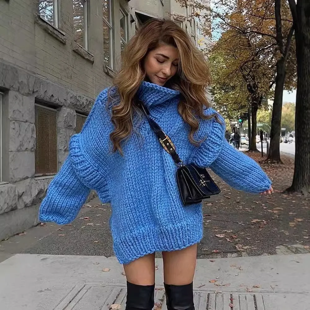 

Women Casual Warm Winter Thick Sweater Fall Elegant Turtleneck Solid Knitted Jumper Femme Fashion Long Sleeve Loose Pullover Top