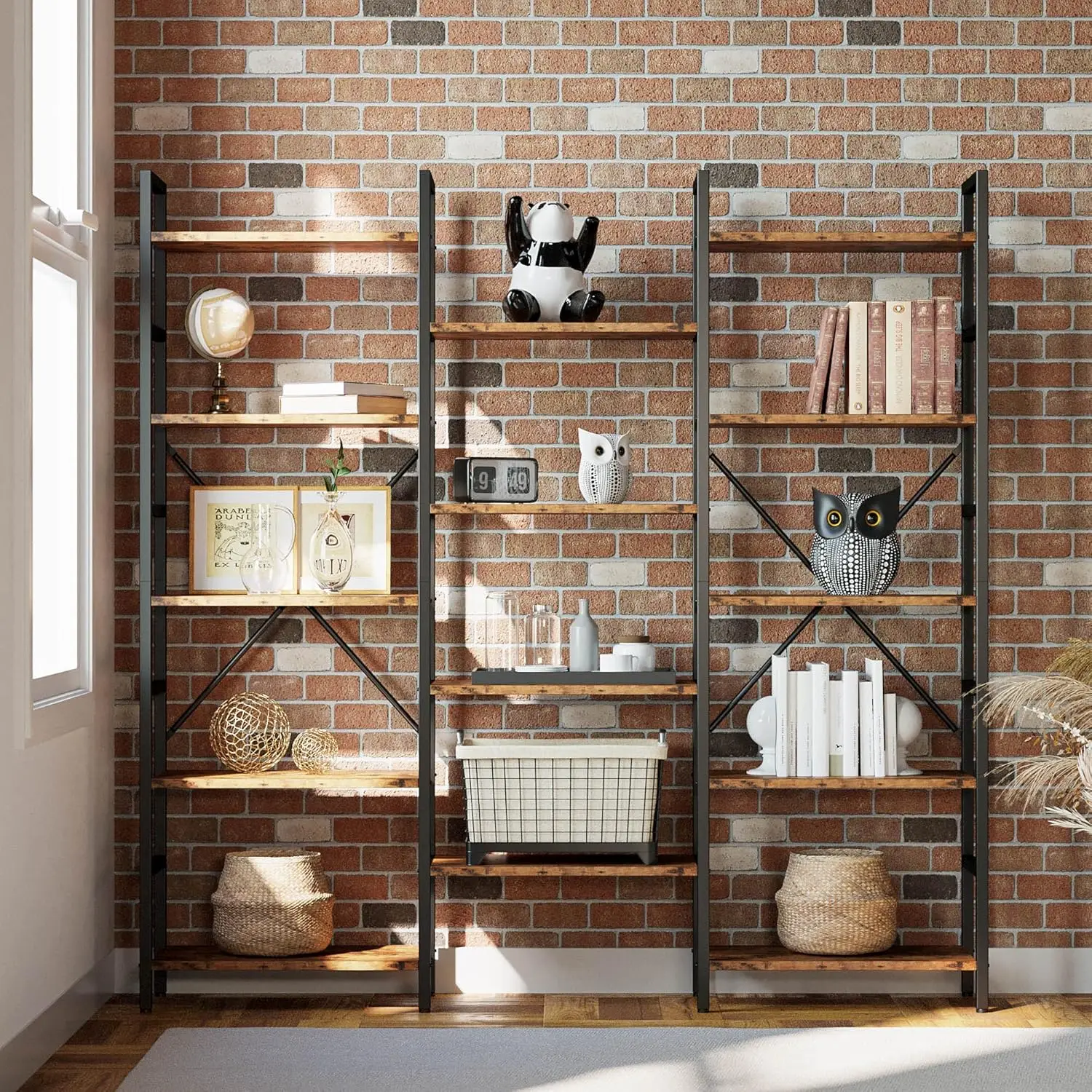 IRONCK Bookcases and Bookshelves Triple Wide 5 Tiers Industrial Bookshelf, Large Etagere Bookshelf Open Display Shelves