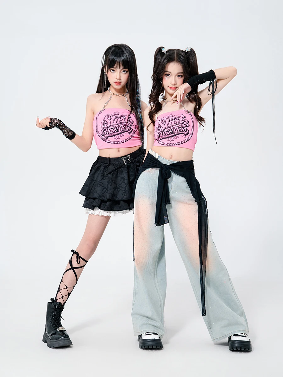 Costumes de danse Hip Hop pour enfants, 2025, pour filles, gilet rose, jean, tenues Kpop, vêtements de spectacle Jazz pour enfants, DQS19775