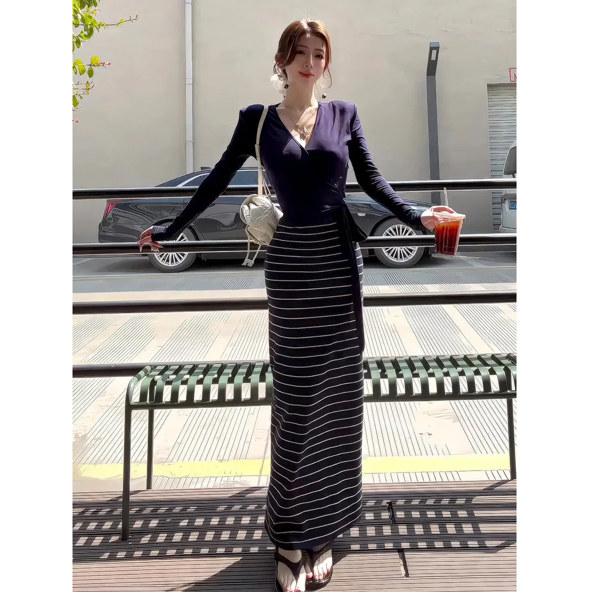 Fall Korean Style Casual Long Sleeve V-Neck Slimming Inner Wear Top And High Waist Skirt Set Women's Fashion plus Size Dress