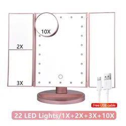 22 LED Light Makeup Mirror 2/3X Magnifying 3 Folding Cosmetic Mirrors Touch Screen Control Dressing Desktop Beauty Vanity Mirror