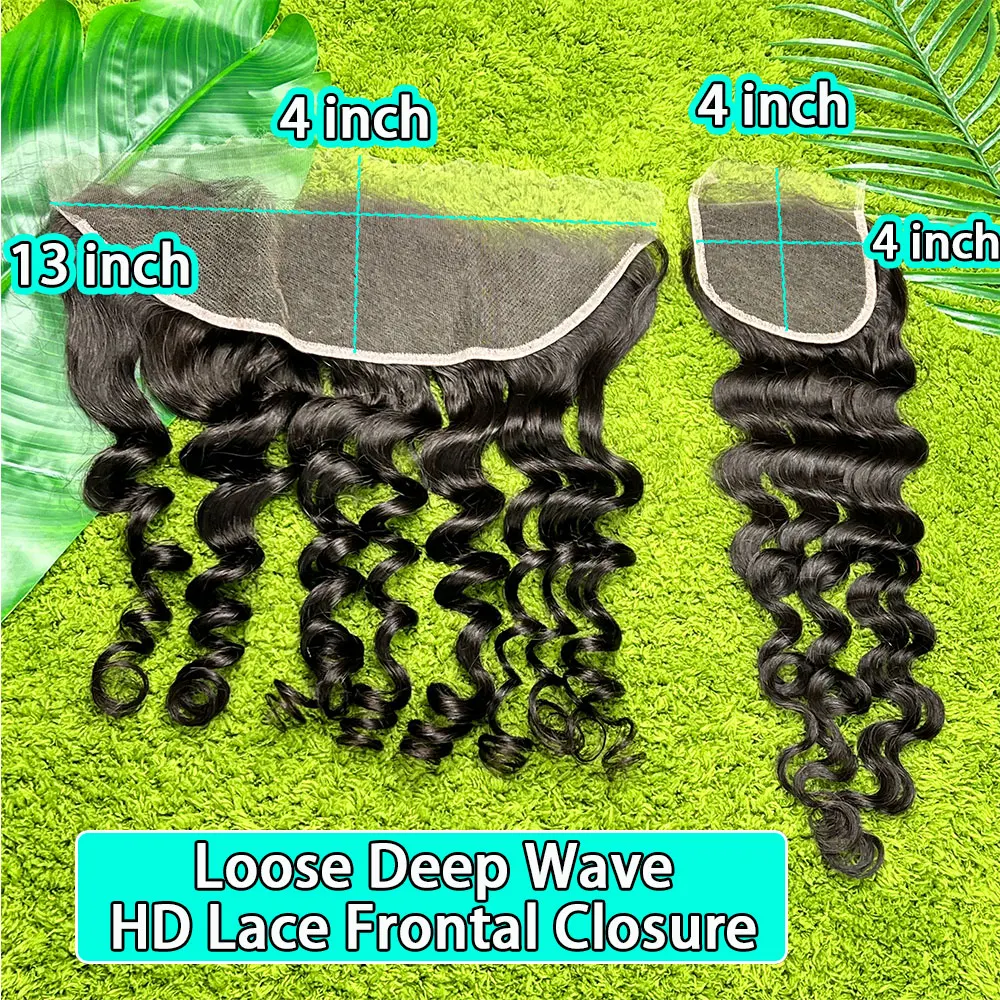 

Натуральные вьетнамские волосы Loose Deep Wave 13x4 4x4 HD Lace Frontal Closure с прозрачной кружевной основой, предварительно проработанной линией роста волос, натуральный черный цвет