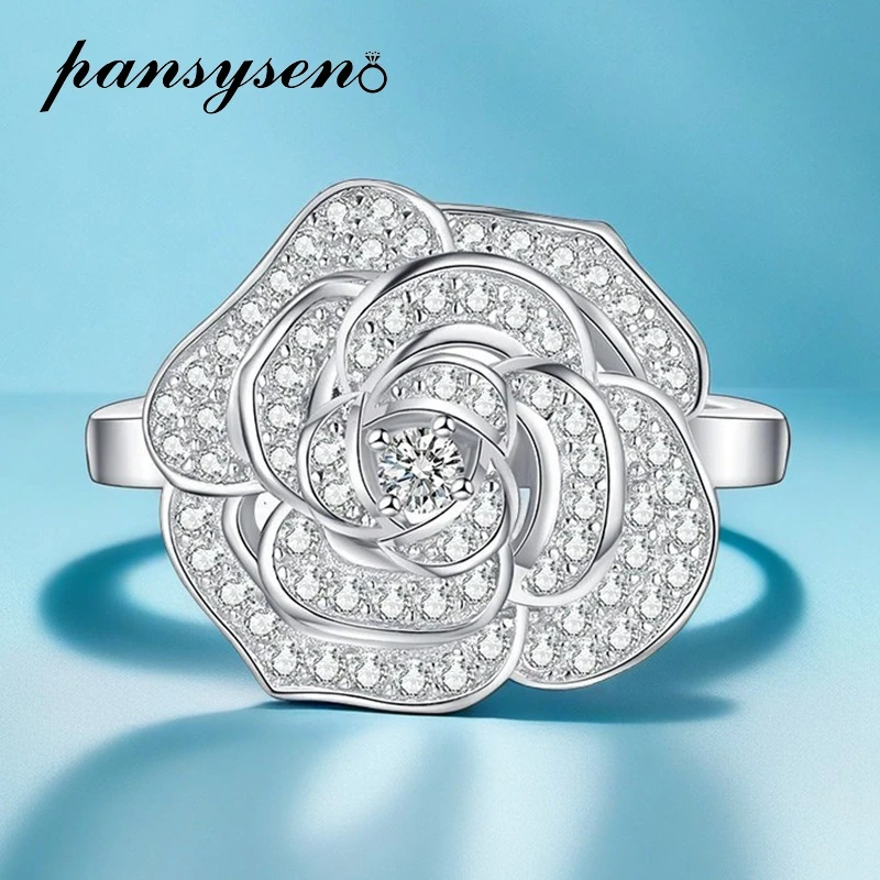 PANSYSEN 100% 925 Sterling Silver Flower Shape High Carbon Diamond Wedding Engagement Rings for Women 18K Gold Plated Jewelry