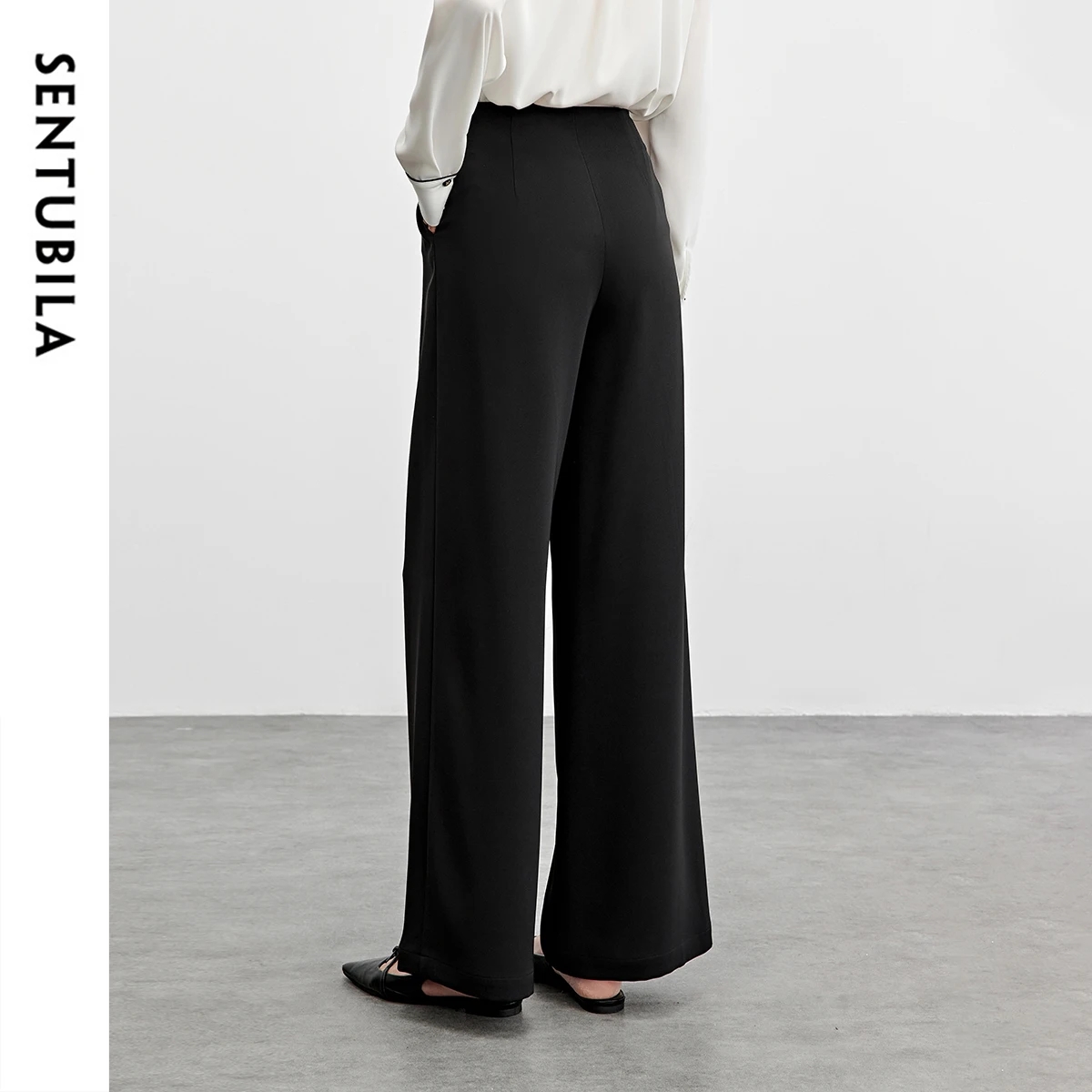 SENTUBILA 女性ドレープブラックワイドレッグパンツオフィスレディ構造プリーツロングパンツ 2025 春秋服 151K57631