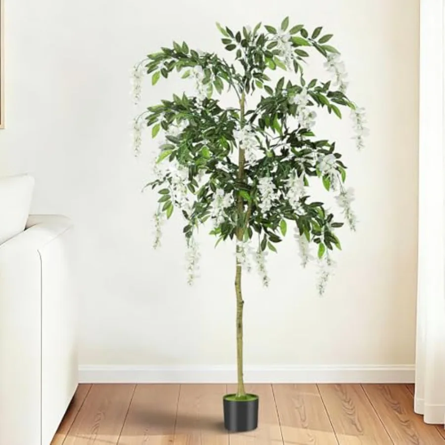 

6FT Ficus Tree Artificial Indoor Tall Faux Wisteria Tree in Nursery Pot Fake Potted Tree with Blooming White Flowers and Real W