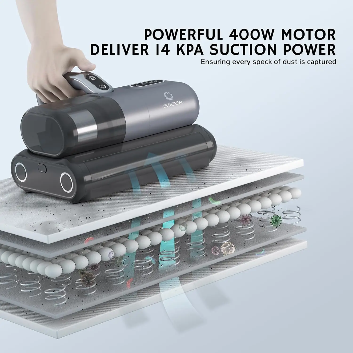 Aspirateur pour matelas M1, aspirateur de lit 6 en 1 avec vibration haute fréquence – Rotation double rouleau de brosse de 80 000 tr/min, lumière UV-C, 14