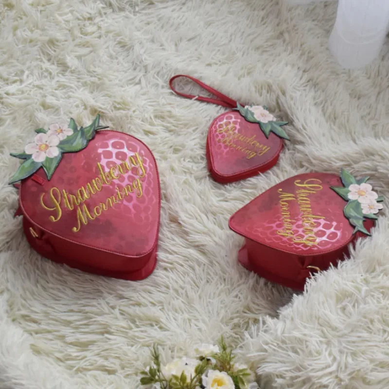 Cute Strawberry Shape Coin Purse Sweet Lolita Style Mini Handbag With Wrist Strap Embroidery Flower Decor Small Zipper Wallet