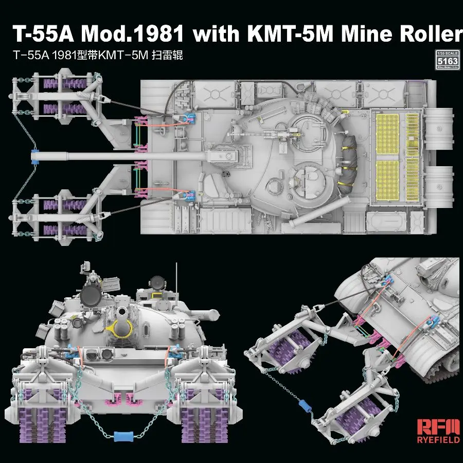 RYE FIELD 5163 1/35 T-55A Mod.1981 with KMT-5M Mine Roller Workable Tracks