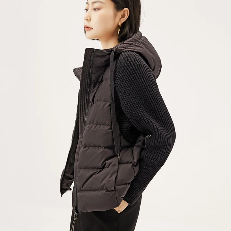 Winter Casual Women Down Jacket 2024 New Fashion Light Luxury High Quality Cashmere Knit Hooded Patchwork Women Down Jacket H74