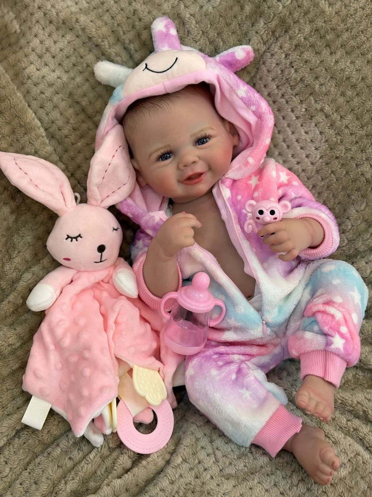 18 인치 실물 같은 다시 태어난 아기 인형 소녀 비비안 수제 베베 페인트 머리 신생아 인형 어린이 생일 선물