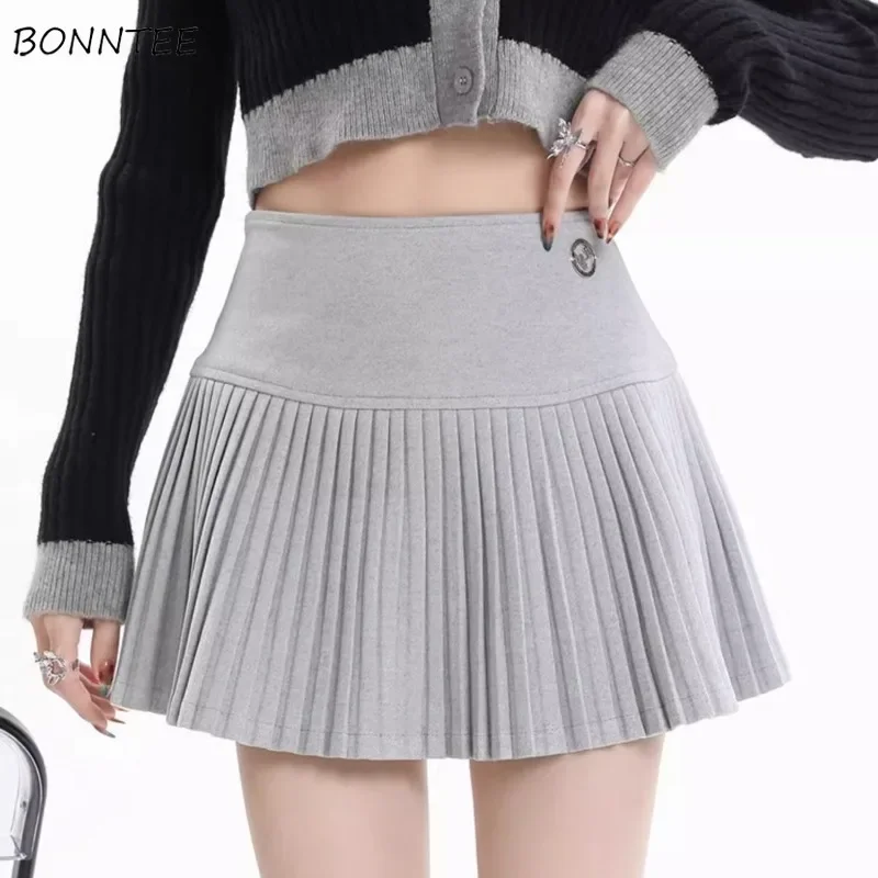 

Pleated Skirts Women High Waist Solid French Trendy Preppy Style Popular Simple Casual Autumn Students Classic Prevalent Mujer