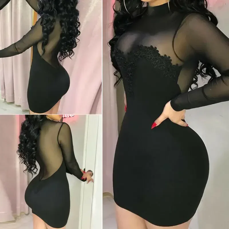 Minivestido elegante de gasa para mujer, minivestido Sexy transparente sin tirantes para fiesta, ceñido al cuerpo, ropa negra para mujer