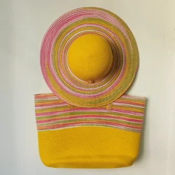 New Packable Straw hat and bag for women Beach hat hand-woven colorful hat tote bag hat suit straw fedora boater hat summer