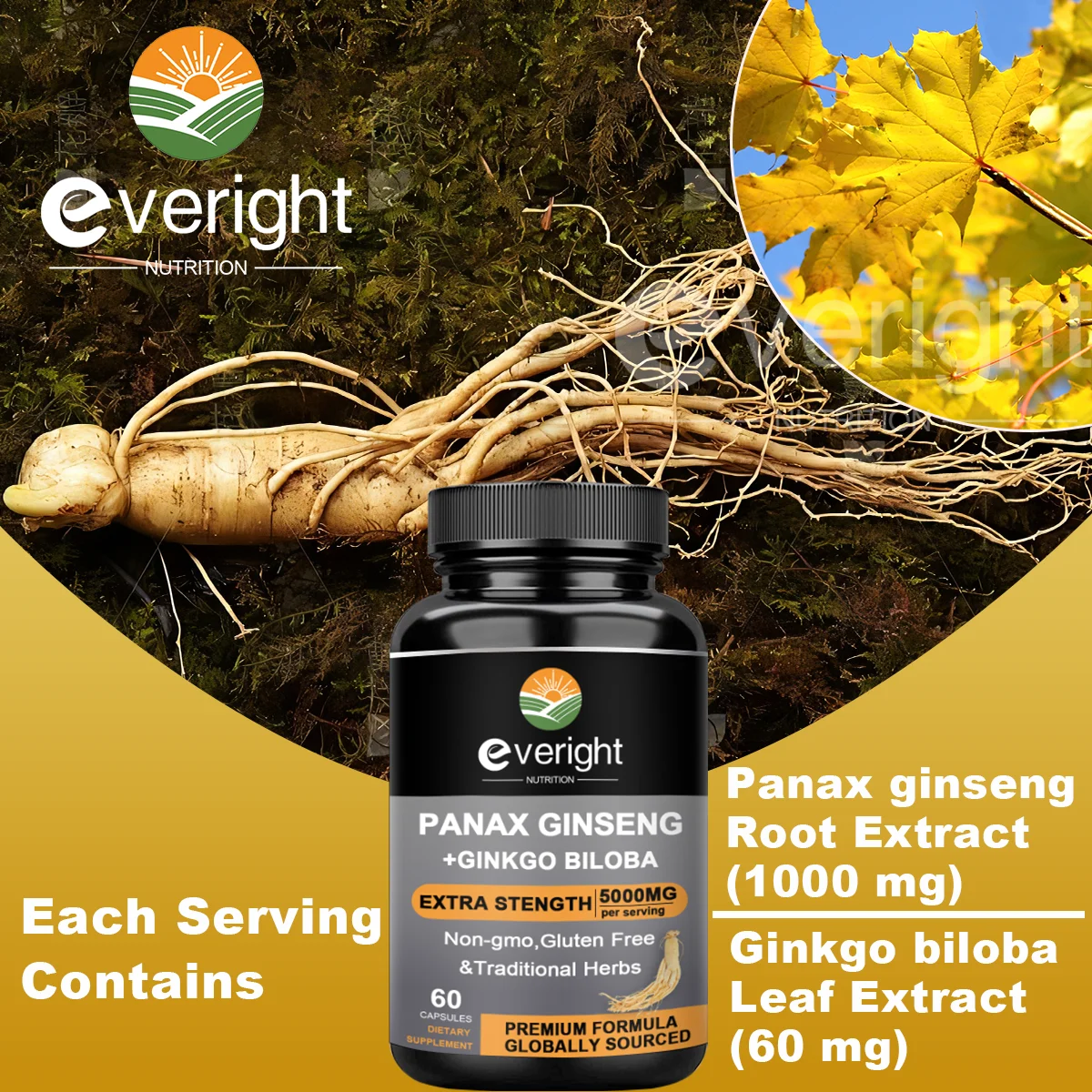 Korean Red Panax Ginseng with Ginkgo Biloba Capsules for Natural Energy Booster Strength Focus Memory Brain Mental Support