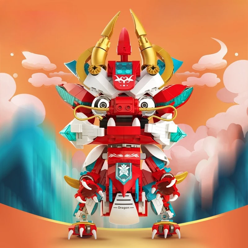 Chinese Style Lucky Building Blocks Mecha Lion Dance God Beast Bricks Model Ornament Creative Desktop Decor Gift for Kids Adults
