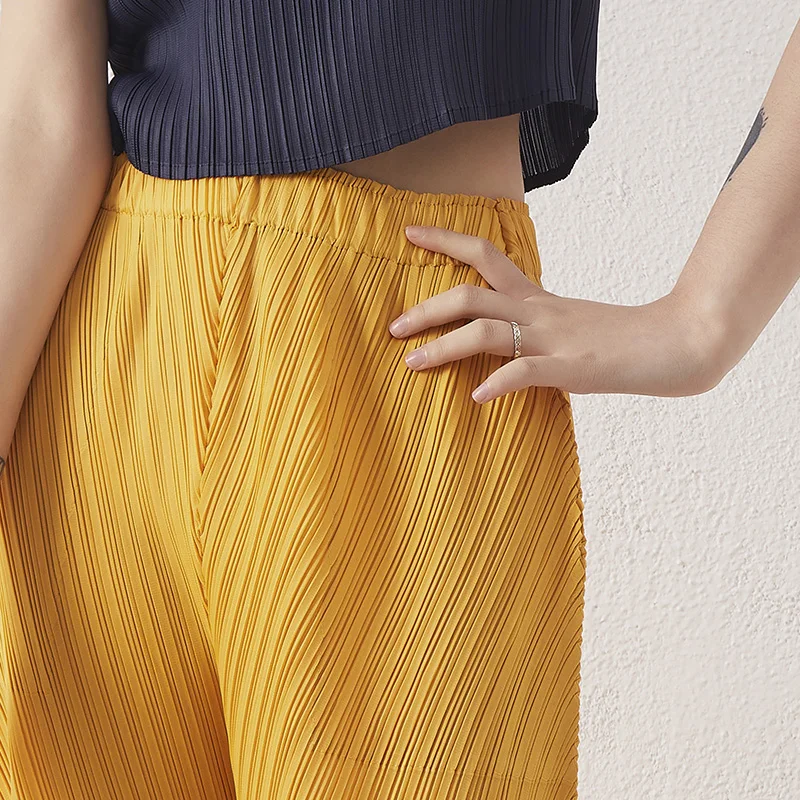 Women Casual Loose Miyake Pleated Carrot Pants Elastic Waist Solid Color Pocket Summer Harem Pants Pleated Pant