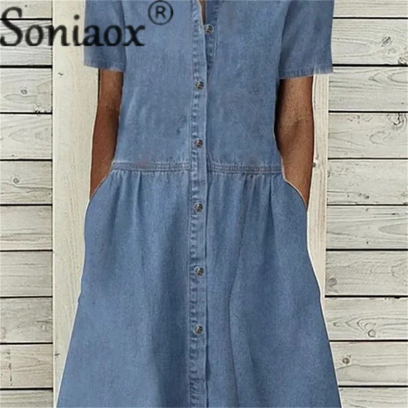 Elegante Effen Kleur Korte Mouw Denim Jurk Zomer Revers Single-Breasted Splice Chic Dames Comfortabele Commuter Casual Jurk