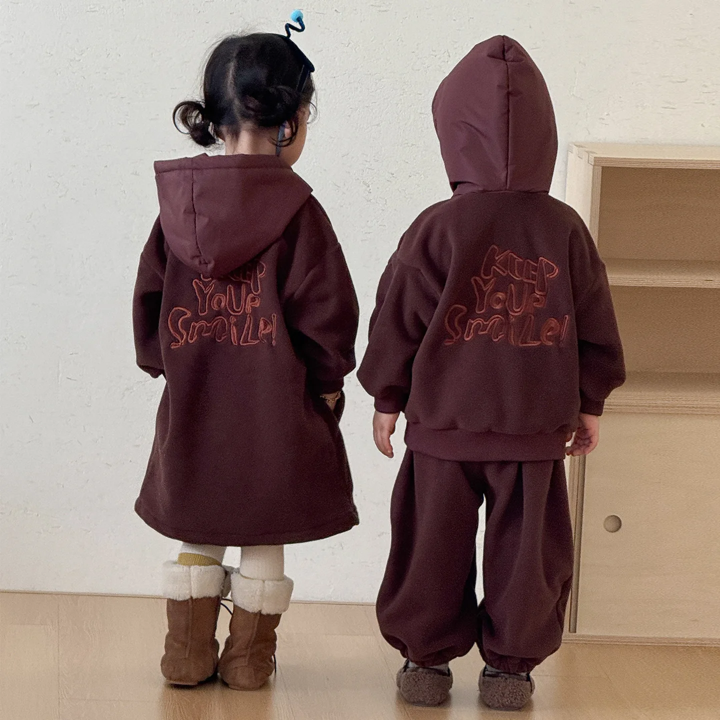 2026 Winter New Children Brother Sister Clothes Set Boys Thick Warm Hooded Sweatshirt 2pcs Suit Girls Polar Fleece Casual Dress