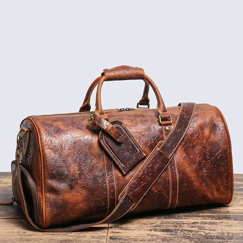 

LEATHFOCUS Vintage Embossed Handbag Men's Women's Leather Travel Bag Large Capacity Business Duffles Bag Weekend Gym Bag