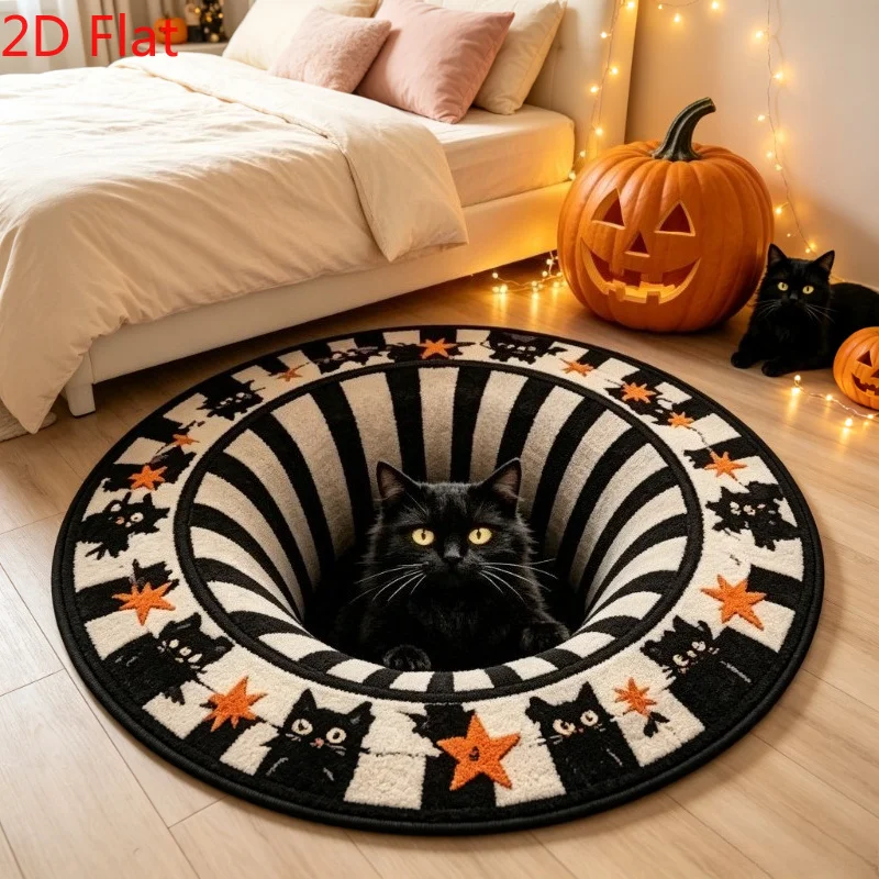 Cute Black Cat 3D Vortex Illusion Round Rug Striped Halloween Spiral Pit Area Carpet for Aesthetic Bedside Home Decor