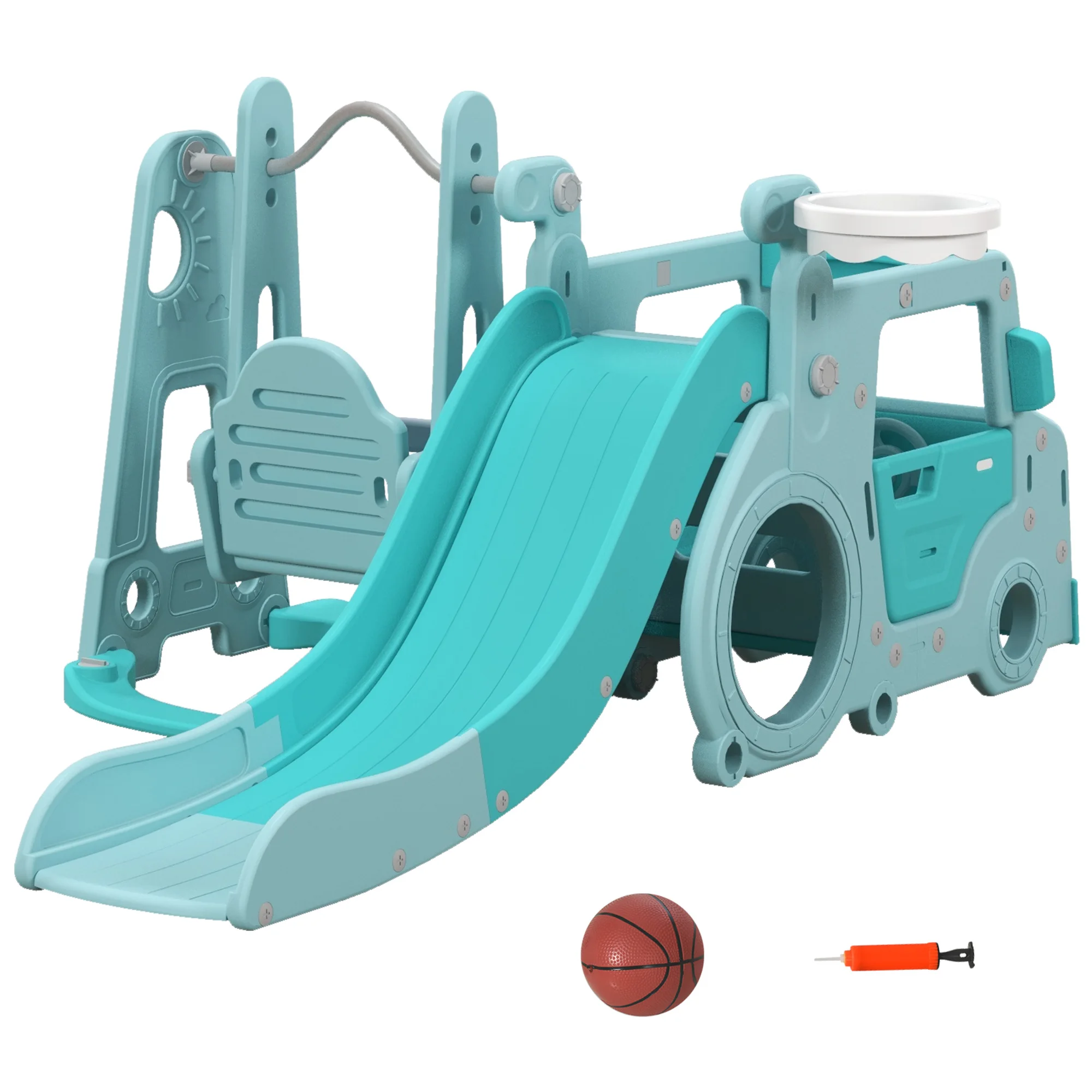 AIYAPLAY Children's Slide and Swing Set 6 in 1 18-48 Months Children's Swing Baby Slide with Trumpet Chair and Basketball Loading 50 kg 201x151x87,5 cm Light Blue