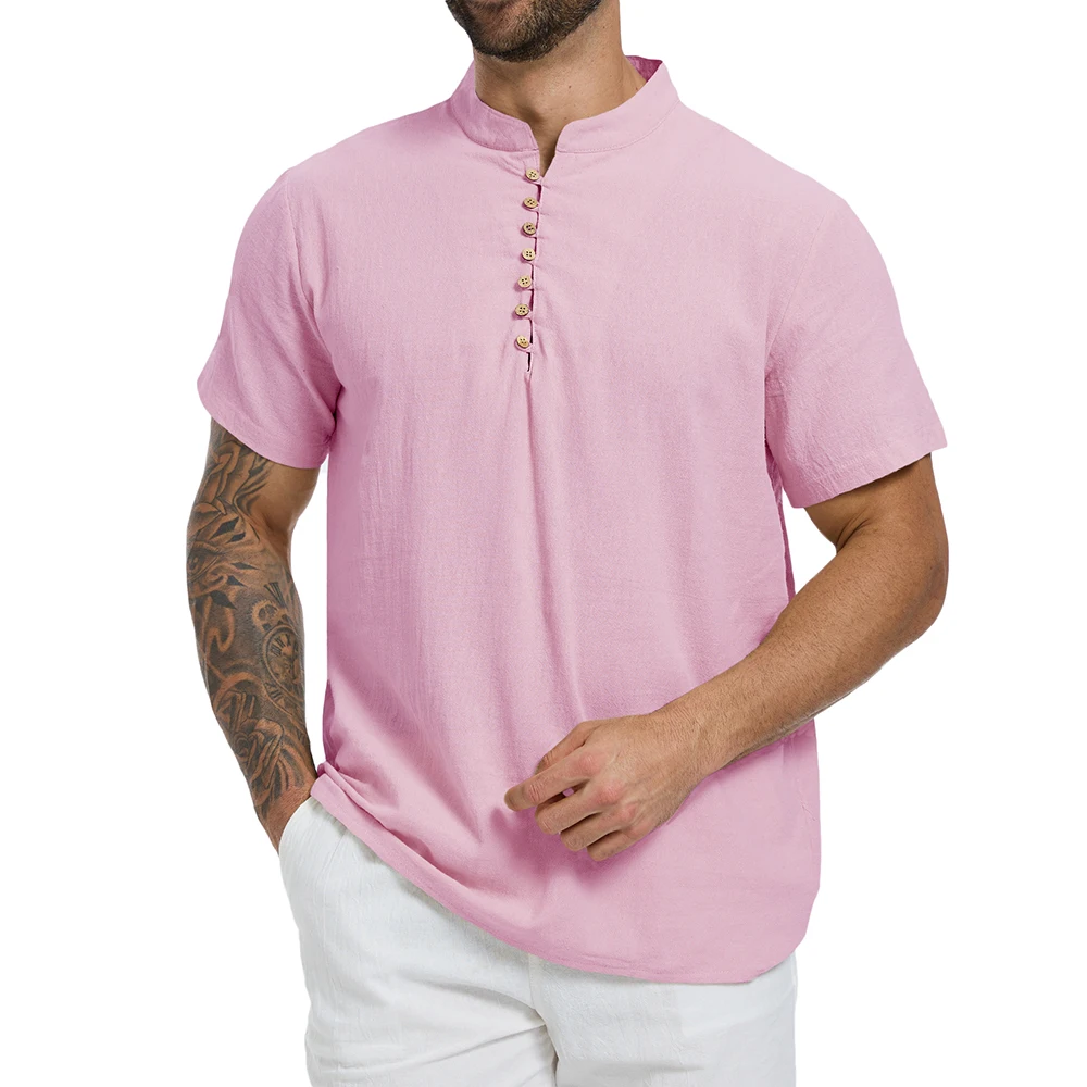 Sommer-Herren-T-Shirt, einfarbig, halb geknöpft, Henley-Ausschnitt, lässige Kurzarm-Oberteile, Baumwolle, Leinen, bequem, leicht, klassische T-Shirts – Detail 8