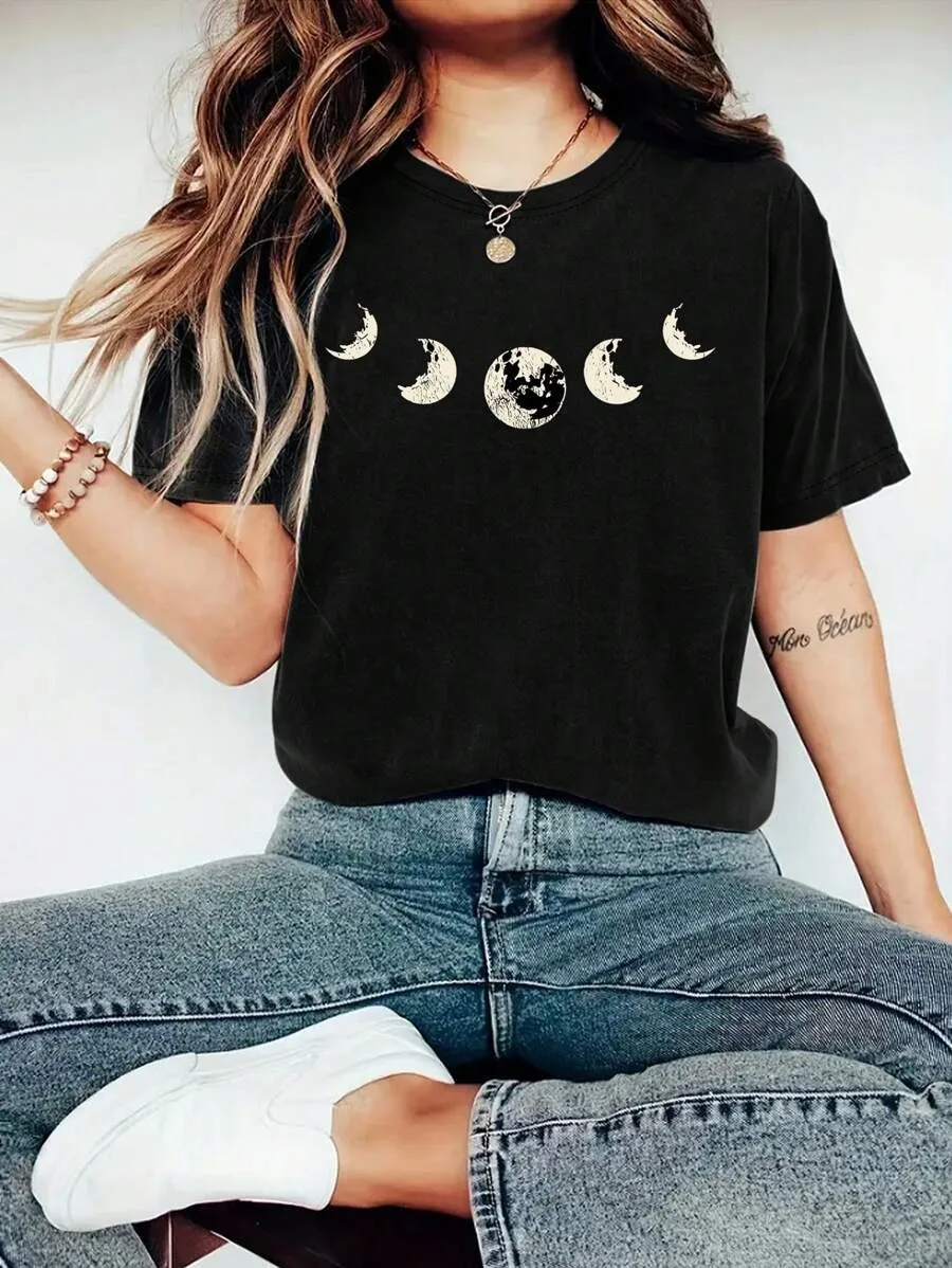 

Plus - Size Mysterious Moon Phase Graphic Tee, Black Short - Sleeve