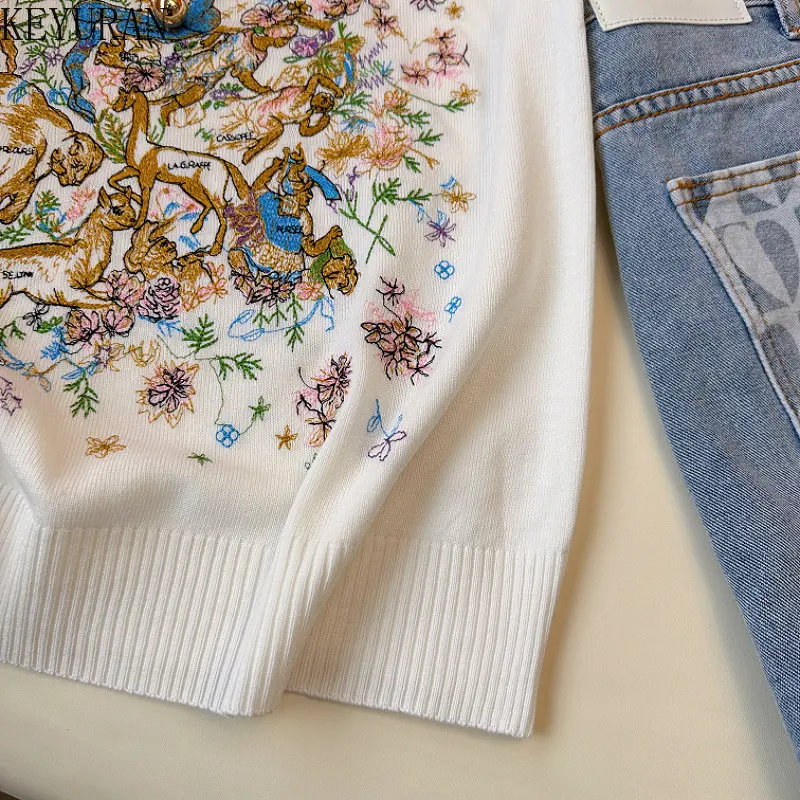 2023 Summer Embroidery Knitted Vest Women Vintage Pullovers Sleeveless Sweater Vests O-Neck Knitted Tank Crop Top Y2k Jumpers