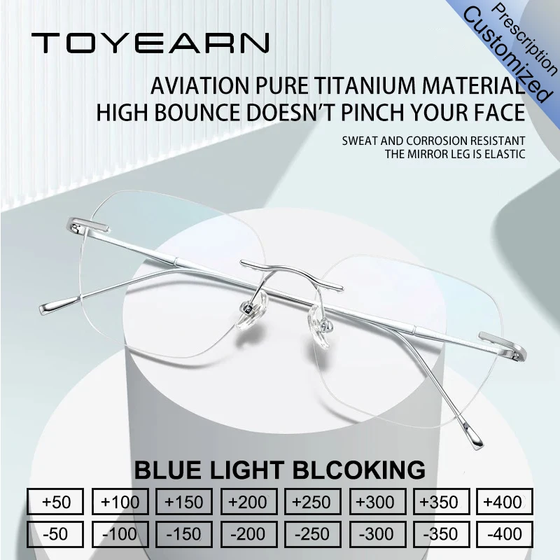 

TOYEARN Ultra-light Titanium Rimless Unisex Simple Square Read Glasses Frame Customized Prescription Eyeglasses Myopia