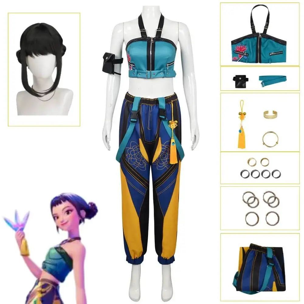 Huntrix Group Rumi Zoey Косплей Аниме Devil Hunters Zoey Костюм Парик Пальто Серьги Аксессуары Хэллоуин Вечеринка Наряд для Женщин
