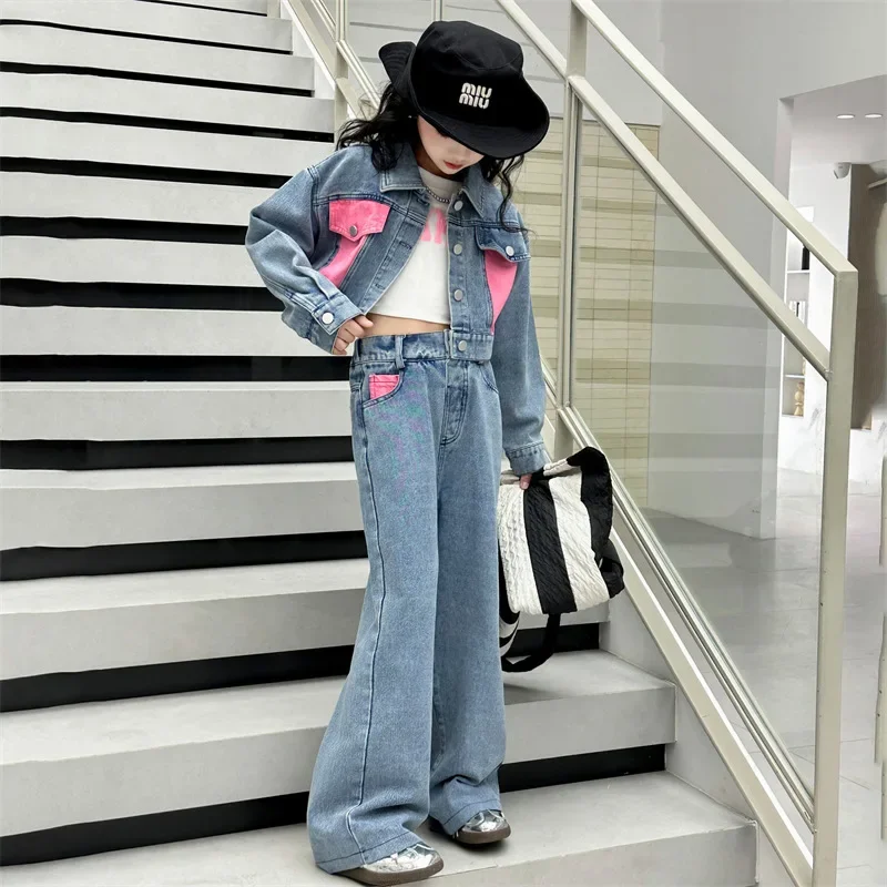 Girls' Spring Dress Colored Denim Set 2024 New Fashionable Wide Leg Pants Two Piece Set Trendy