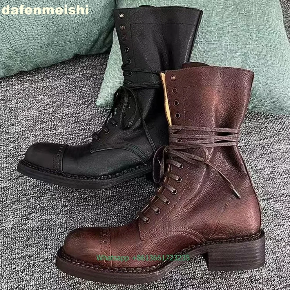 Genuine Leather Splicing Short Boots Cowhide Thick Bottom Lace-Up Motorcycle Boots 2026 Women\'s Black/white Western Cowboy Boots