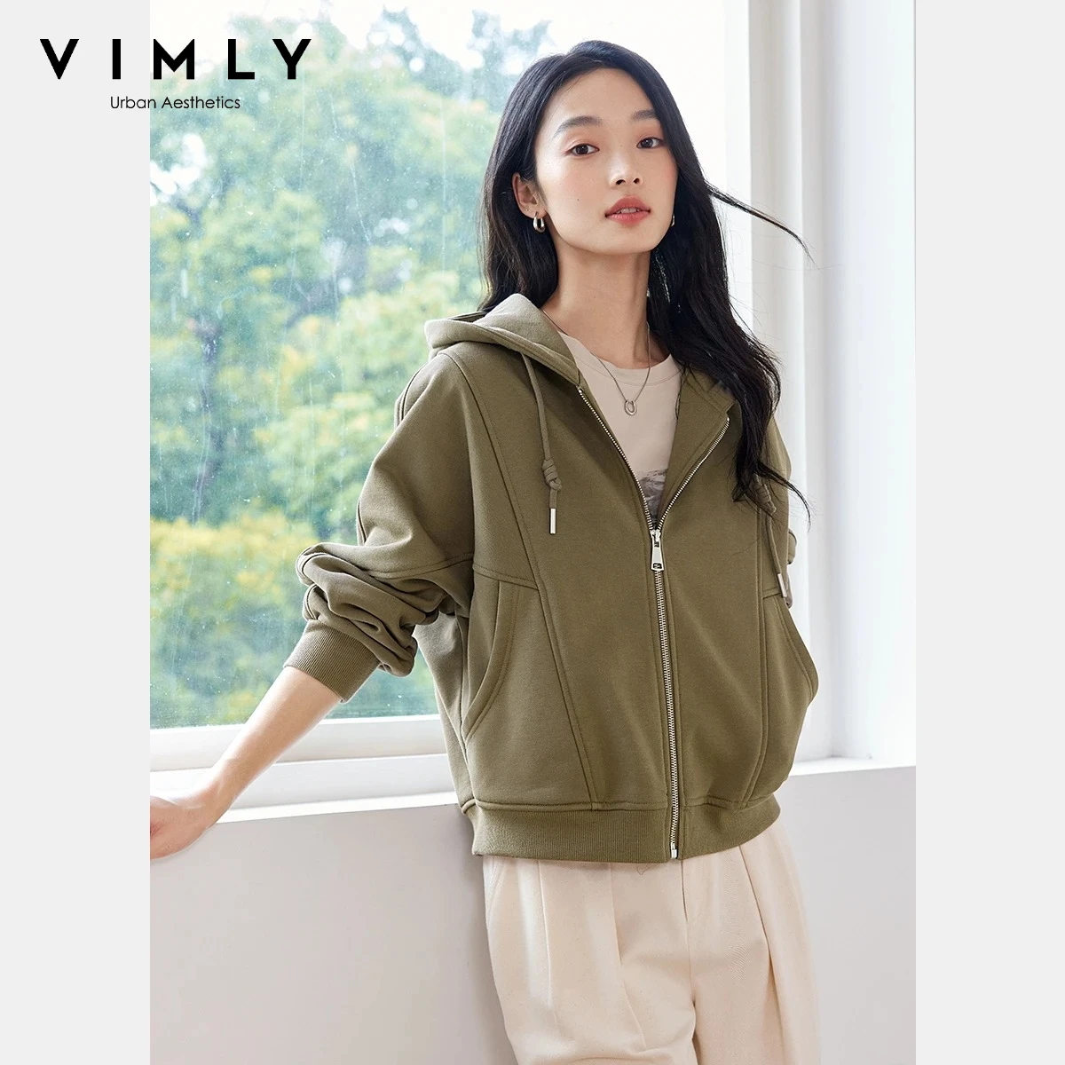 

VIMLY Women Hooded Jacket Winter 2025 Casual Fleece Lined Draw String Short Coats Green Office Wear Zip Up Ladies Jackets M8728