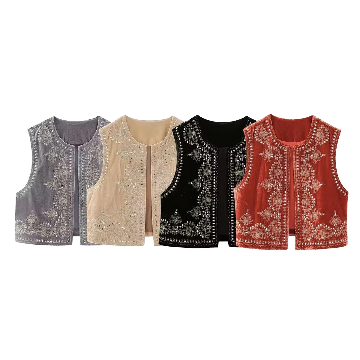 Women Round Neck Velvet Sleeveless Vest Floral Rhinestone Beaded Embroidery Open Front Cropped Layering Waistcoat 260602