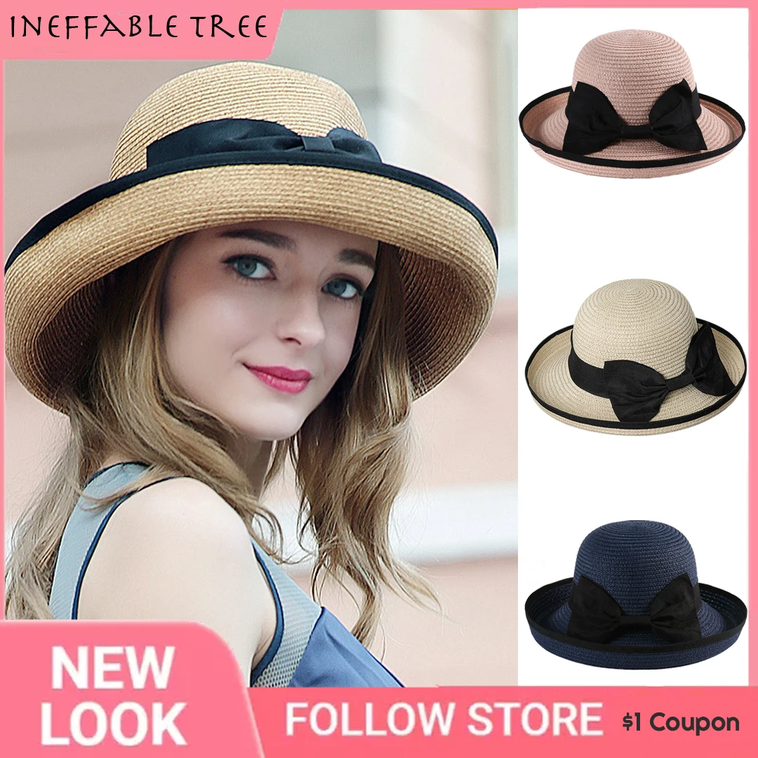 

Wide Brim Bow Hats Visor Hat Women Summer Sun Shade Hats Sun Protection Foldable Female Seaside Panama Beach Outdoor Caps