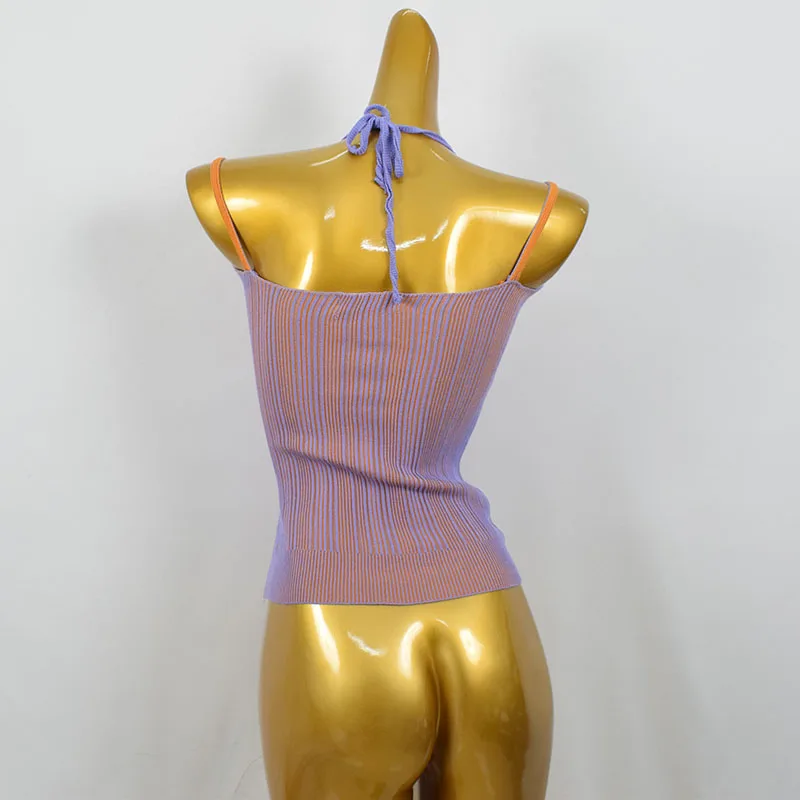 توب محبوك بتصميم هالتر من Pure Desire، قميص صيفي مثير بأسلوب جديد، طبقة أساسية للارتداء الخارجي، توب قصير بسحاب وخطوط للفتيات